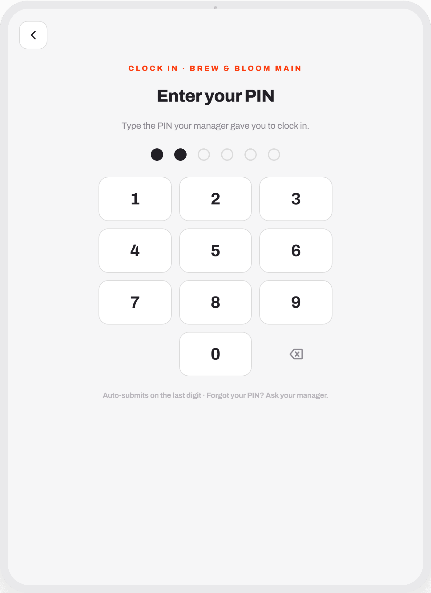 Charmy kiosk PIN entry screen